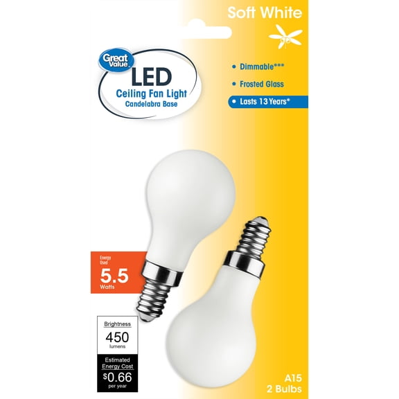 Great Value LED Light Bulb, 5.5W (40W Equivalent) A15 Frosted Lamp E12 Candelabra Base, Dimmable, Soft White, 2-Pack