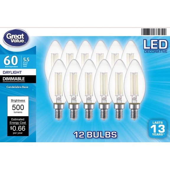 Great Value LED Light Bulb, 5.5 Watts (60W Equivalent) B10 Deco Lamp E12 Candelabra Base, Dimmable, Daylight, 12-Pack