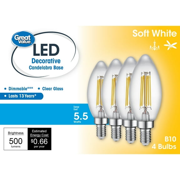 Great Value LED Light Bulb, 5.5W (60W Equivalent) B10 Deco Lamp E12 Candelabra Base, Dimmable, Soft White, 4-Pack