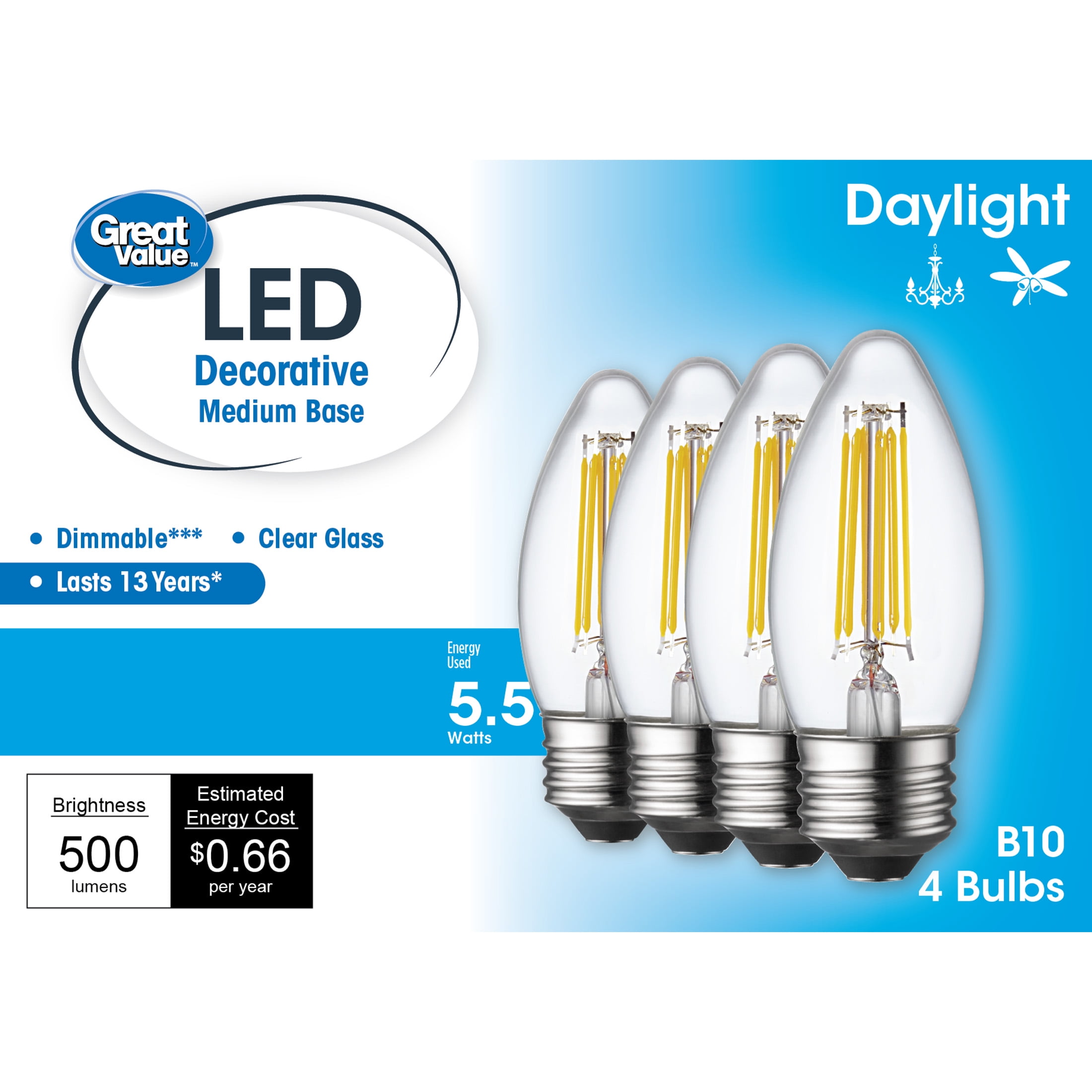 Great Value LED Light Bulb, 5.5W (60W Equivalent) B10 Deco Lamp E26 Medium Base, Dimmable, Daylight, 4-Pack