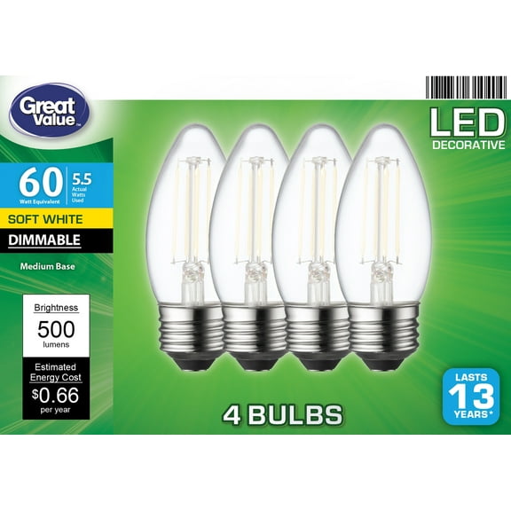 Great Value LED Light Bulb, 5.5W (60W Equivalent) B10 Deco Lamp E26 Medium Base, Dimmable, Soft White, 4-Pack