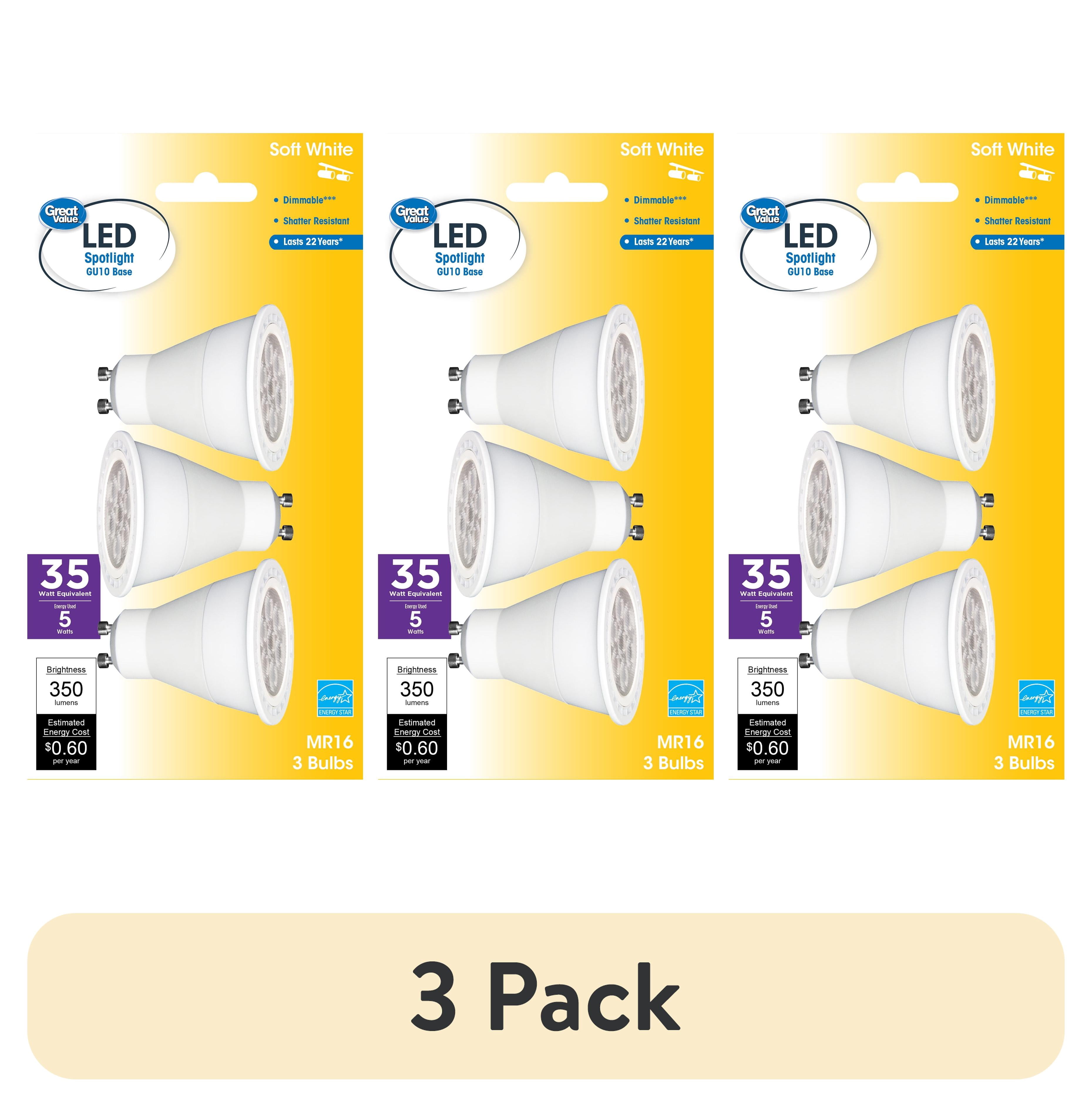 Great Value LED Light Bulb, 5W (35W Equivalent) MR16 Lamp GU10 Base, Dimmable, Soft White, 3-Pack
