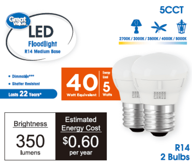 Great Value LED Light Bulb, 5 Watts (40W Equivalent) R14 Floodlight Lamp E26 Medium Base, Dimmable, 5ACT, 2-Pack