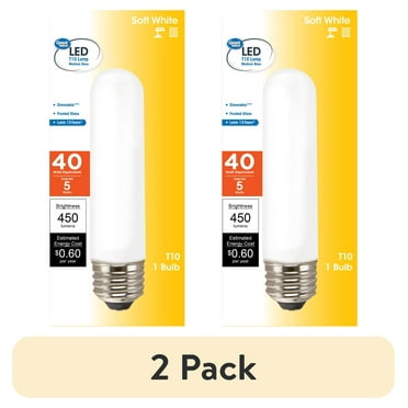(2 pack) Great Value LED Light Bulb, 5 Watts (40W Equivalent) T10 Frosted Tube Lamp E26 Medium Base, Dimmable, Soft White, 1-Pack