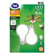 Great Value LED A15 Ceiling Fan Light Bulbs, 5W, 40W Equivalent, Frosted, E12 Candelabra Base, Dimmable, Soft White, 2-Pack