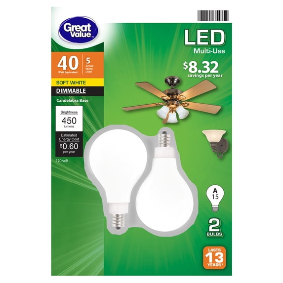Great Value LED Light Bulb, 5 Watts (40W Eqv.) A15 Ceiling Fan Frosted Lamp E12 Base, Dimmable, 2-Pack,Soft White