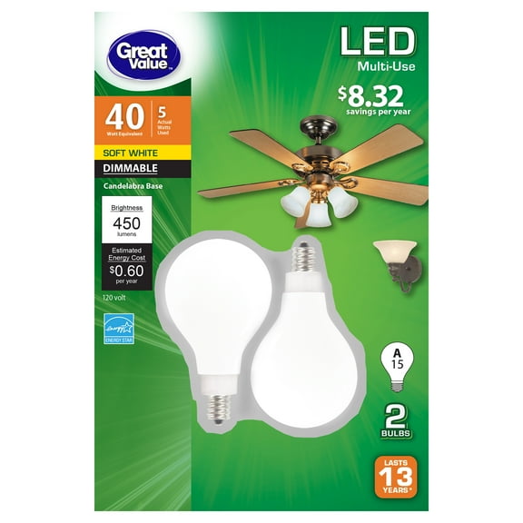 Great Value LED Light Bulb, 5 Watts (40W Eqv.) A15 Ceiling Fan Frosted Lamp E12 Base, Dimmable, 2-Pack,Soft White