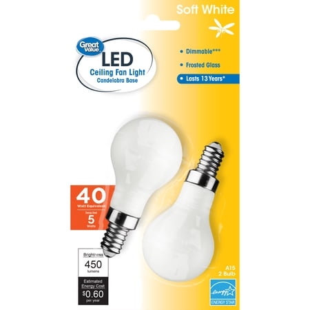 Great Value LED Light Bulb, 5 Watts (40W Eqv.) A15 Ceiling Fan Frosted Lamp E12 Base, Dimmable, Soft White, 2-Pack