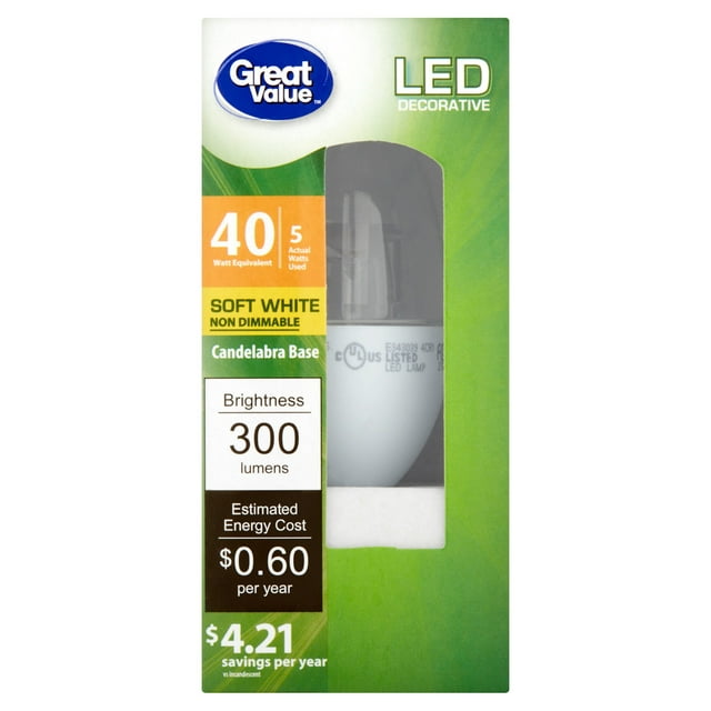Great Value LED Light Bulb, 5W (40W Equivalent) B11 Decorative Lamp E12 Candelabra Base, Non-Dimmable, Soft White