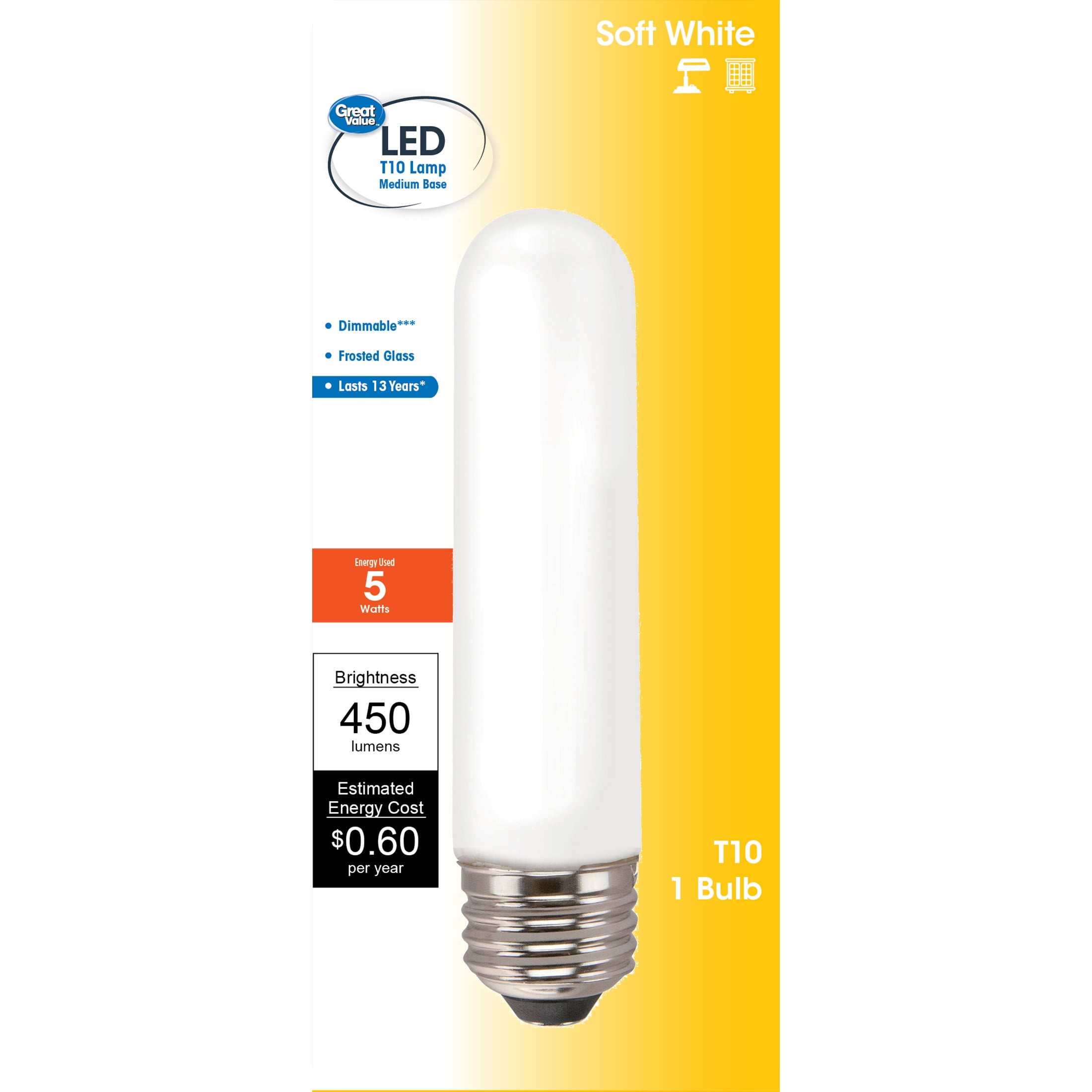 Moederland Ik wil niet Verslinden Great Value LED Light Bulb, 5W (40W Equivalent) T10 Frosted Tube Lamp E26  Medium Base, Dimmable, Soft White, 1-Pack - Walmart.com