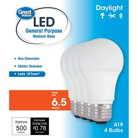 Great Value LED Light Bulb, 6.5W (40W Equivalent) 18Y, A19 General Purpose Lamp E26 Medium Base, Non-Dimmable, Daylight, 4-Pack