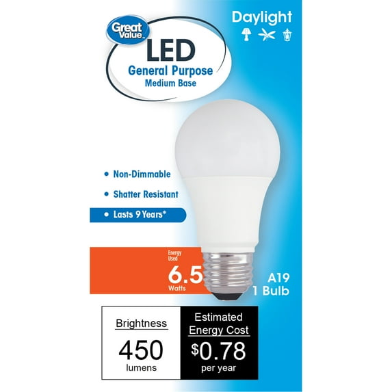Great Value LED Light Bulb, 6.5W (40W Equivalent) A19 General Purpose Lamp E26 Medium Base, Non-dimmable, Daylight, 1-Pack