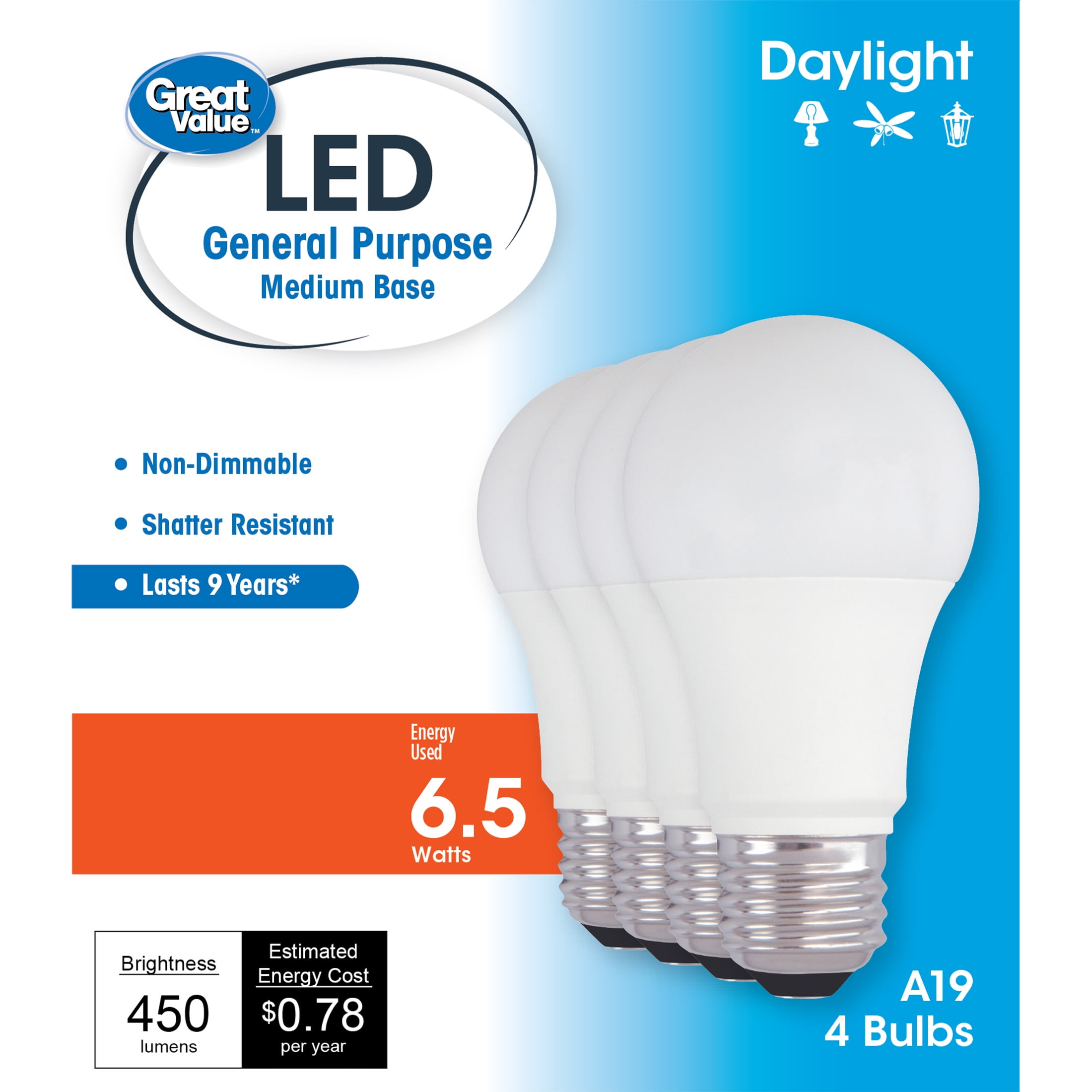 Great Value LED Light Bulb, 6.5W (40W Equivalent) A19 General Purpose Lamp E26 Medium Base, Non-dimmable, Daylight, 4-Pack