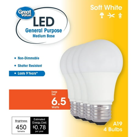 Great Value LED Light Bulb, 6.5W (40W Equivalent) A19 General Purpose Lamp E26 Medium Base, Non-dimmable, Soft White, 4-Pack