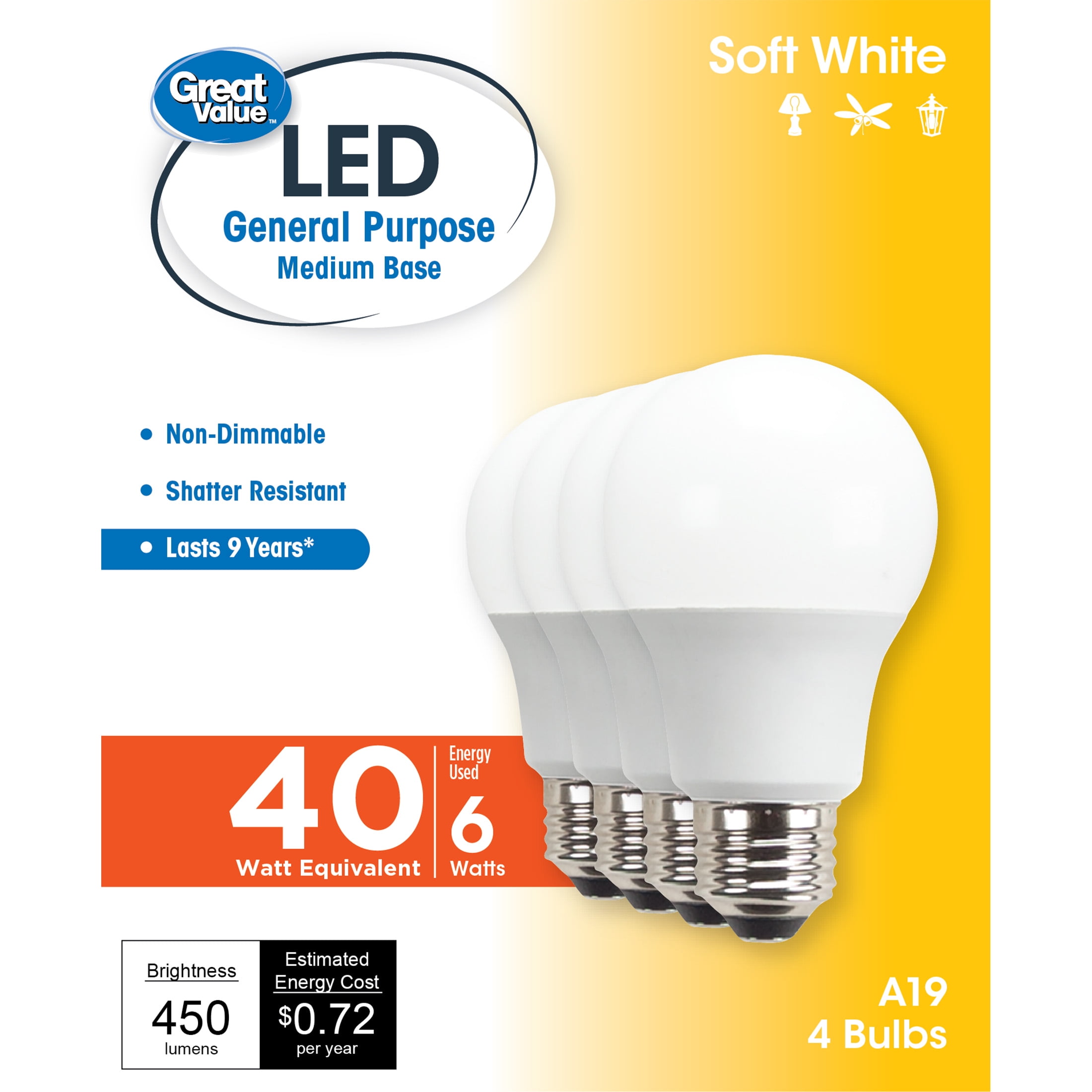 Great Value LED Light Bulb, 6 Watts (40W Equivalent) A19 General Purpose Lamp E26 Medium Base, Non-dimmable, Soft White, 9yr, 4PK