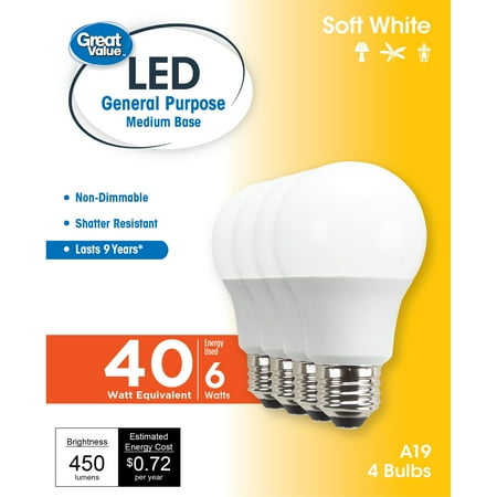 Great Value LED Light Bulb, 6 Watts (40W Equivalent) A19 General Purpose Lamp E26 Medium Base, Non-dimmable, Soft White, 9yr, 4PK