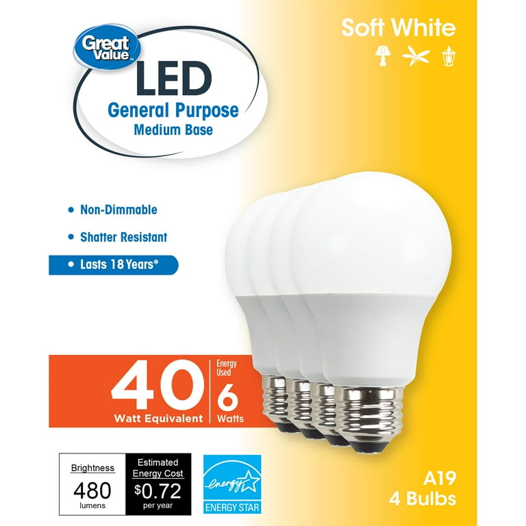 Great Value LED Light Bulb 6W 40W Equivalent 18Y A19 General