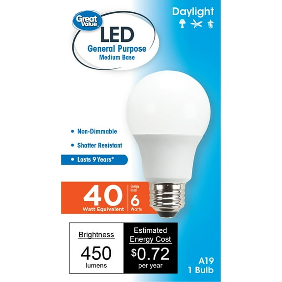 Great Value LED Light Bulb, 6W (40W Equivalent) A19 General Purpose Lamp E26 Medium Base, Non-dimmable, Daylight, 1-Pack