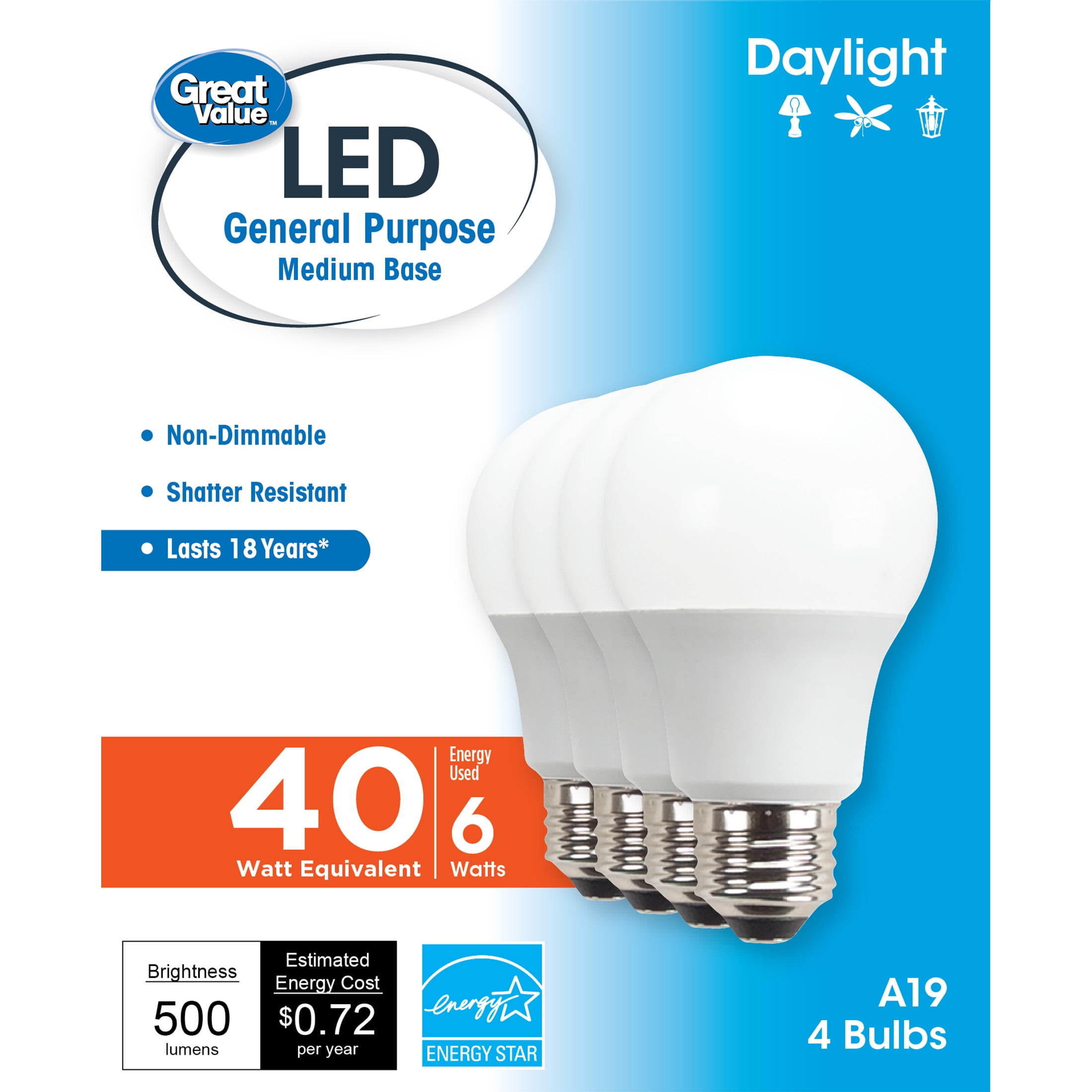 Great Value LED Light Bulb, 6W (40w Equivalent) A19 General Purpose Lamp E26 Medium Base, Non-Dimmable, Daylight, 4-Pack, White