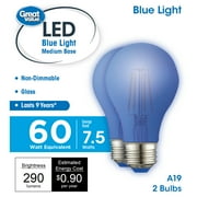 Great Value A19 LED 7.5W 60W Equivalent Blue E26 Medium Base Blue Light Bulbs, 2 Pack