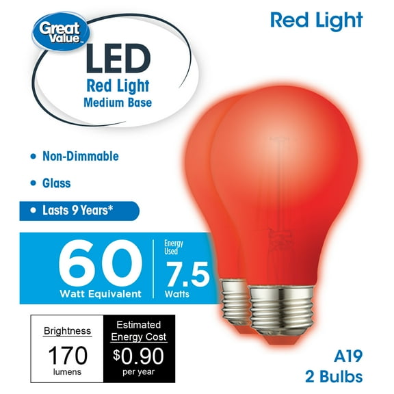 Great Value LED Light Bulb, 7.5 Watts (60W Equivalent) A19 Lamp E26 Medium Base, Non-dimmable, Red, 2-Pack