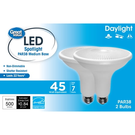 Great Value LED Light Bulb, 7 Watts (45W Equivalent) PAR38 Floodlight E26 Medium Base, Dimmable, Daylight, 2-Pack