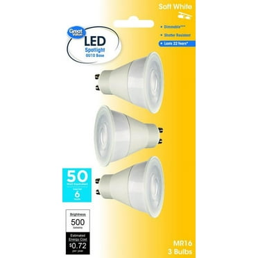Great Value LED Light Bulb, 7 Watts (50W Equivalent) MR16 Lamp GU10 Base, Dimmable, Soft White, 3-Pack