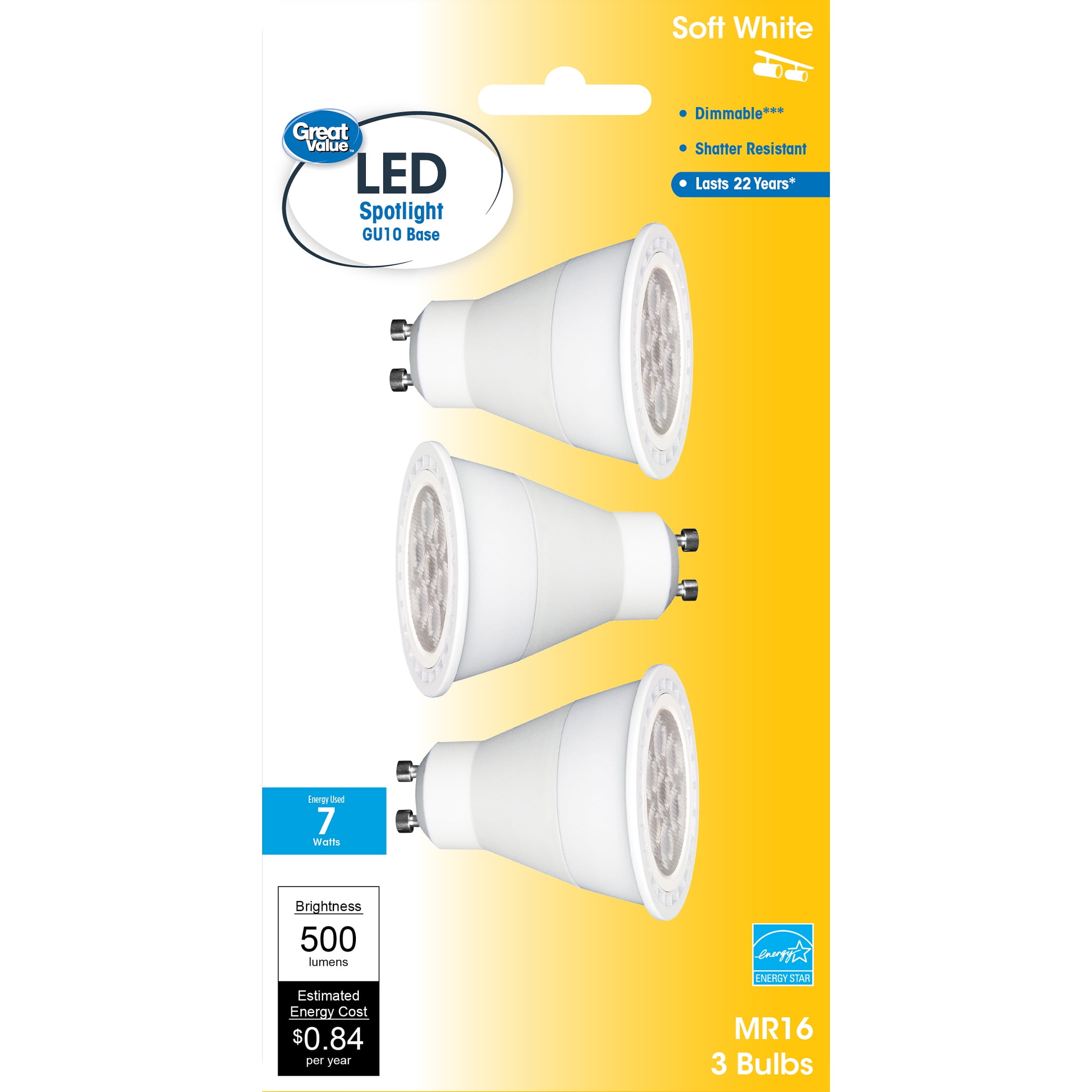 Great Value LED Light Bulb, 7 Watts (50W Equivalent) MR16 Lamp GU10 Base, Dimmable, Soft White, 3-Pack