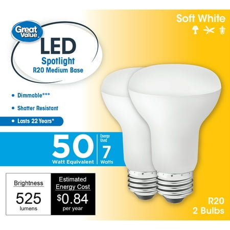 Great Value LED Light Bulb, 7 Watts (50W Equivalent) R20 Floodlight Lamp E26 Medium Base, Dimmable, Soft White, 2-Pack
