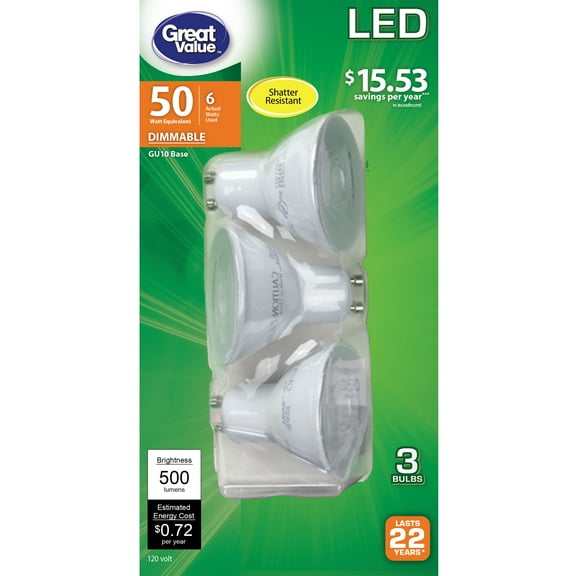 Great Value LED Light Bulb, 7W (50W Equivalent) MR16 Lamp GU10 Base, Dimmable, Soft White, 3-Pack