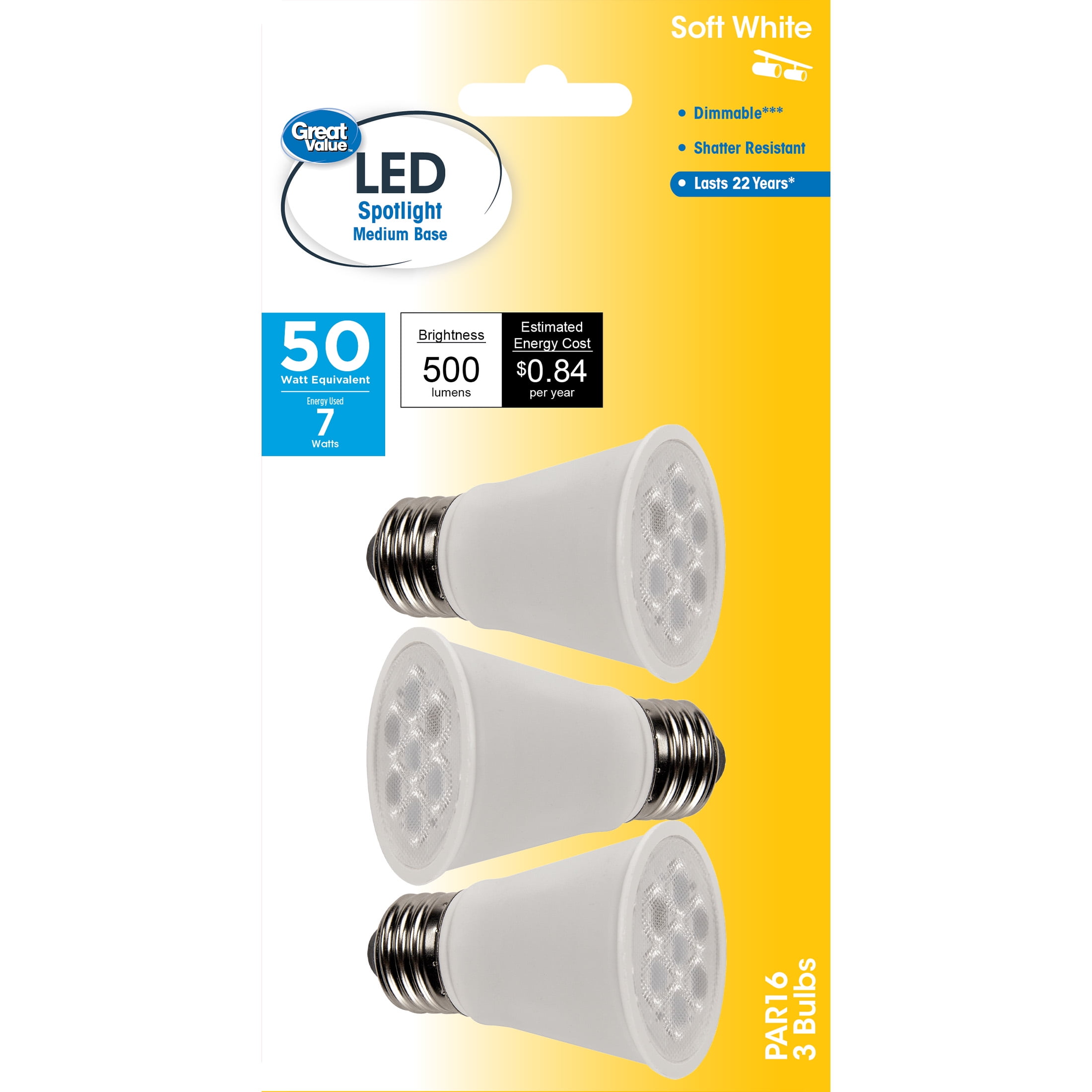Great Value Light Bulb, 7W (50W Equivalent) PAR16 Lamp E26 Base, Dimmable, Soft White, 3-Pack -