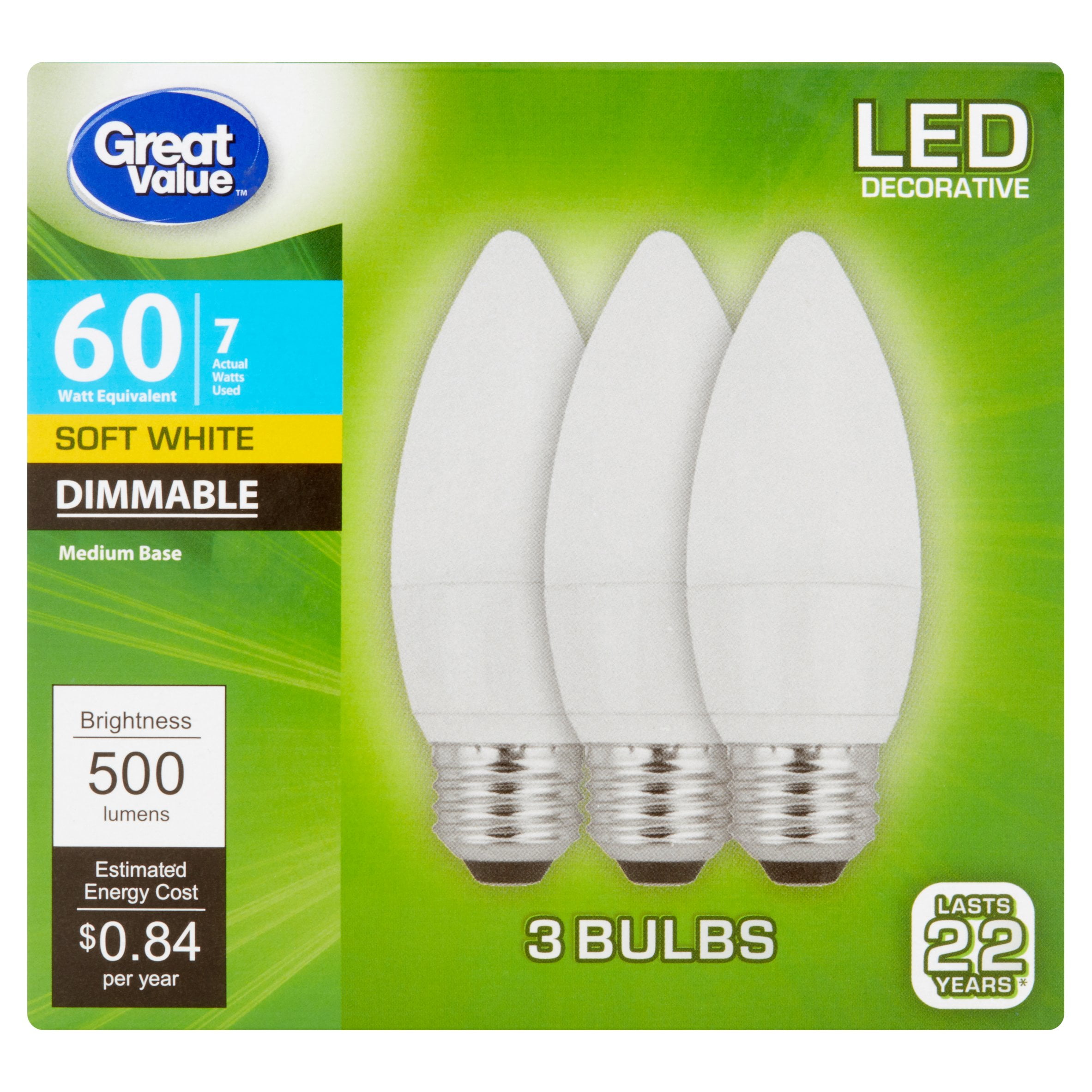 Great Value LED Light Bulb, 7W (60W Equivalent) B11 Decorative Lamp E26 Mediun Base, Dimmable, Soft White, 3-Pack