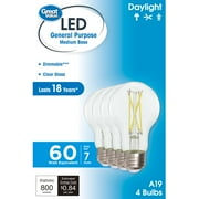 Great Value 18YR A19 LED Light Bulb, 7W (60W Equivalent) Dimmable Daylight E26 Medium Base (4 Pack)
