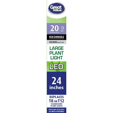 Great Value LED Light Bulb, 8W (20W Equivalent) T8/T12 Grow Light Replacement Lamp G13 Base, Non-dimmable, Large Plant Light, 24-inches, 1-Pack