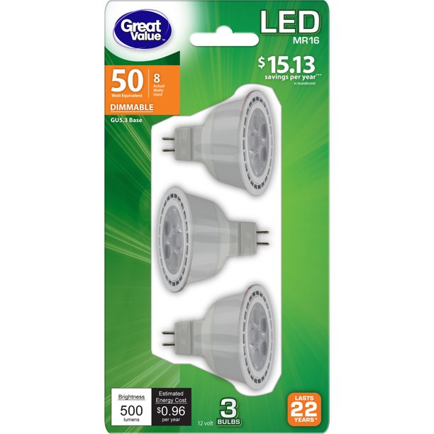 Great Value LED Light Bulb, 8W (50W Equivalent) MR16 Lamp GU5.3 Base