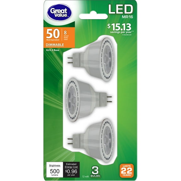 Great Value LED Light Bulb, 8W (50W Equivalent) MR16 Lamp GU5.3 Base, Dimmable, Soft White, 3-Pack
