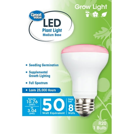 Great Value LED Light Bulb, 8W (50W Equivalent) R20 Grow Light E26 Medium Base, Non-Dimmable, Large Plant, 1-Pack