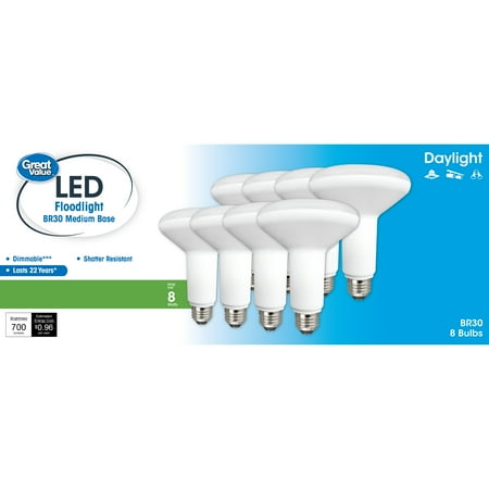 Great Value LED Light Bulb, 8W (65W Equivalent) BR30 Floodlight Lamp E26 Medium Base, Dimmable, Daylight, 8-Pack