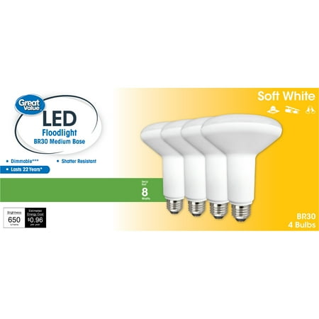 Great Value LED Light Bulb, 8W (65W Equivalent) BR30 Floodlight Lamp E26 Medium Base, Dimmable, Soft White, 4-Pack