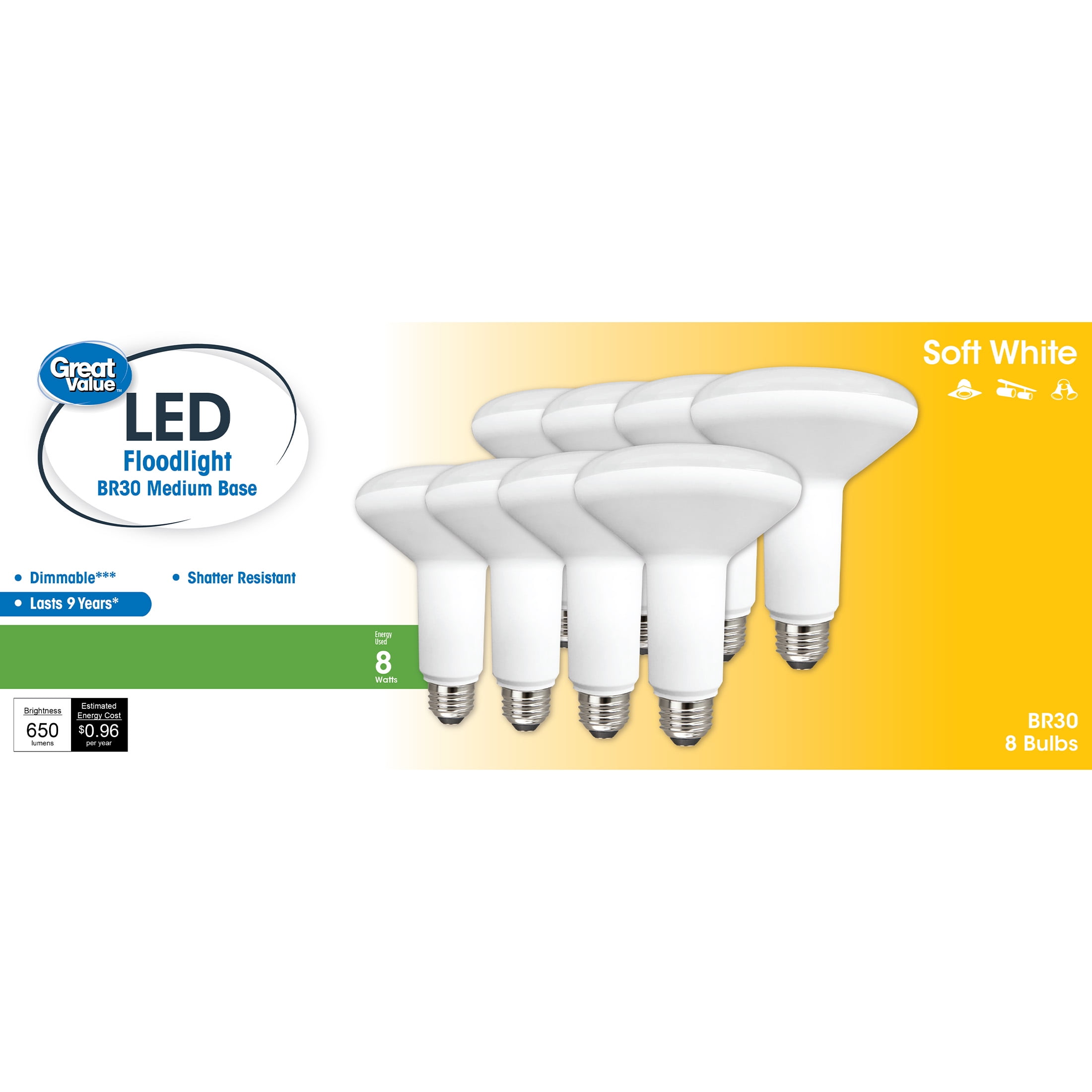 Great Value LED Light Bulb, 8W (65W Equivalent) BR30 Floodlight Lamp E26 Medium Base, Dimmable, Soft White, 8-Pack