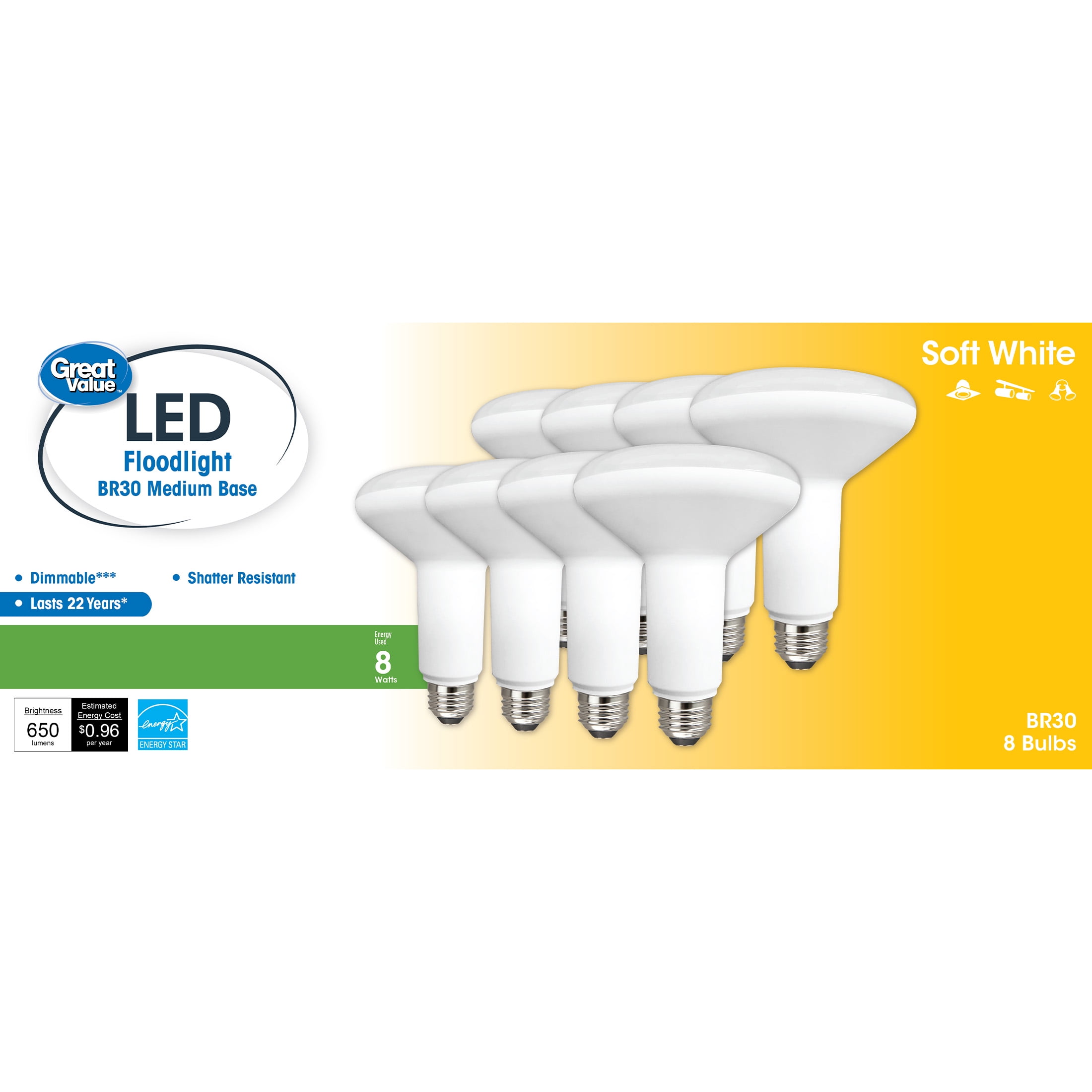 Great Value LED Bulb, 8W Equivalent) BR30 Floodlight Lamp E26 Medium Base, Dimmable, Soft 8-Pack -