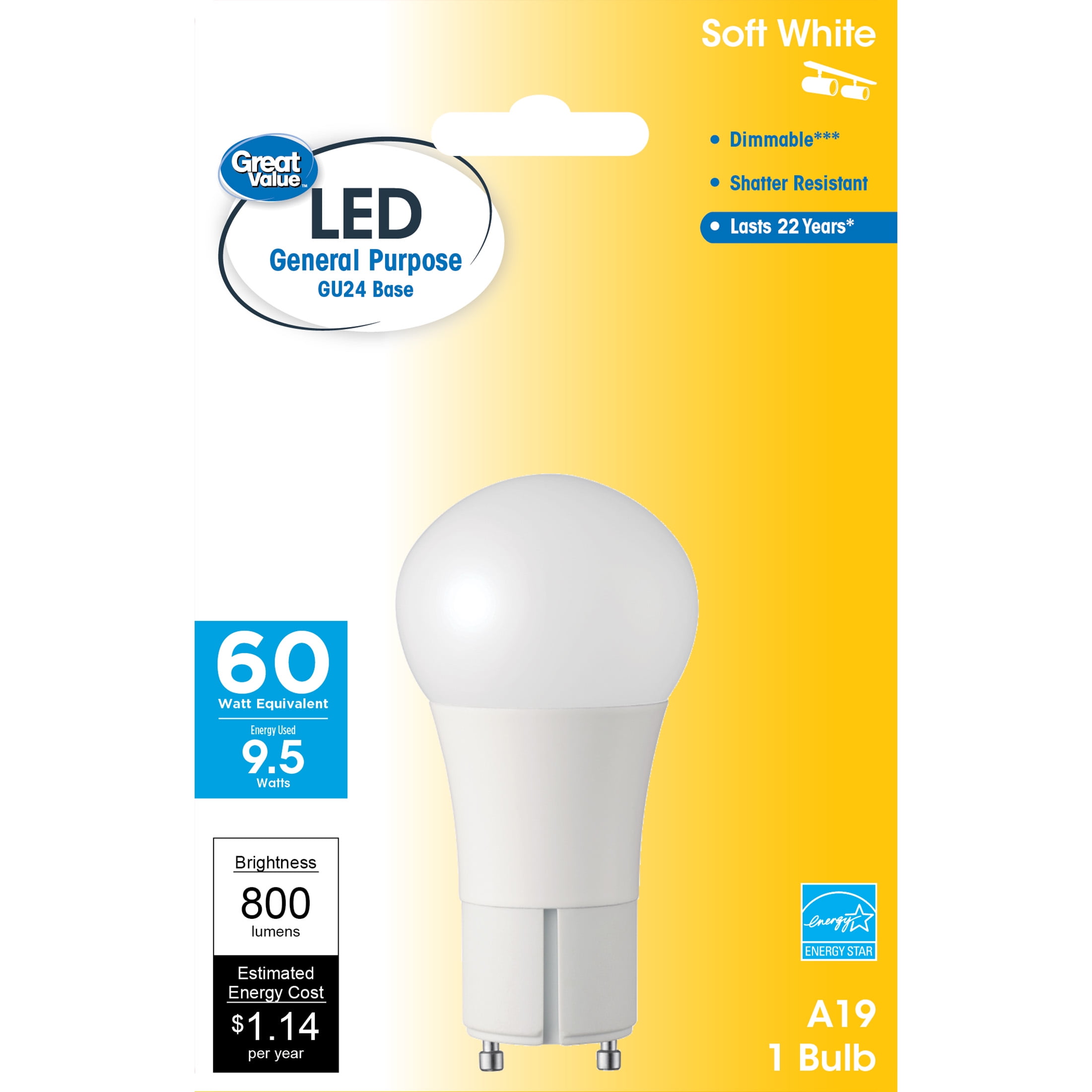 Value LED Light Bulb, 9.5 Watts (60W Equivalent) A19 General Purpose Lamp GU24 Base, Dimmable, Soft White, 1-Pack - Walmart.com
