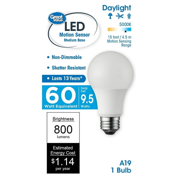 Great Value LED Light Bulb, 9.5 Watts (60W Equivalent) A19 Motion Sensor Lamp E26 Medium Base, Non-dimmable, Daylight, 1-Pack