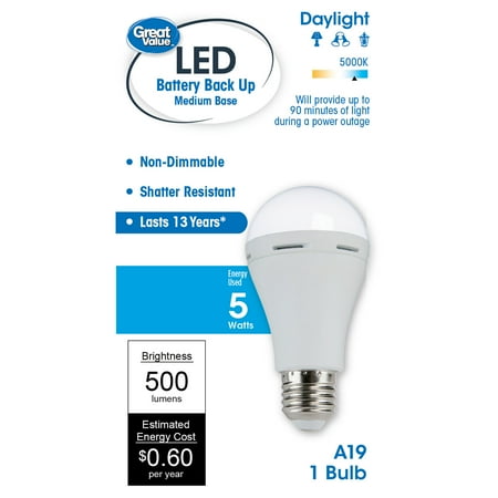 Great Value LED Light Bulb, 9 Watts (60W Equivalent) A19 Battery Backup Lamp E26 Medium Base, Non-Dimmable, Daylight, 1-Pack