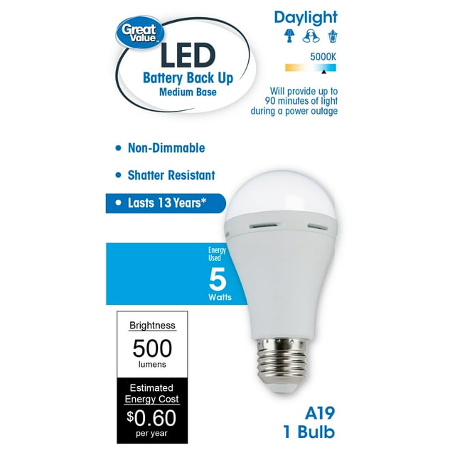 Great Value LED Light Bulb, 9 Watts (60W Equivalent) A19 Battery Backup Lamp E26 Medium Base, Non-Dimmable, Daylight, 1-Pack