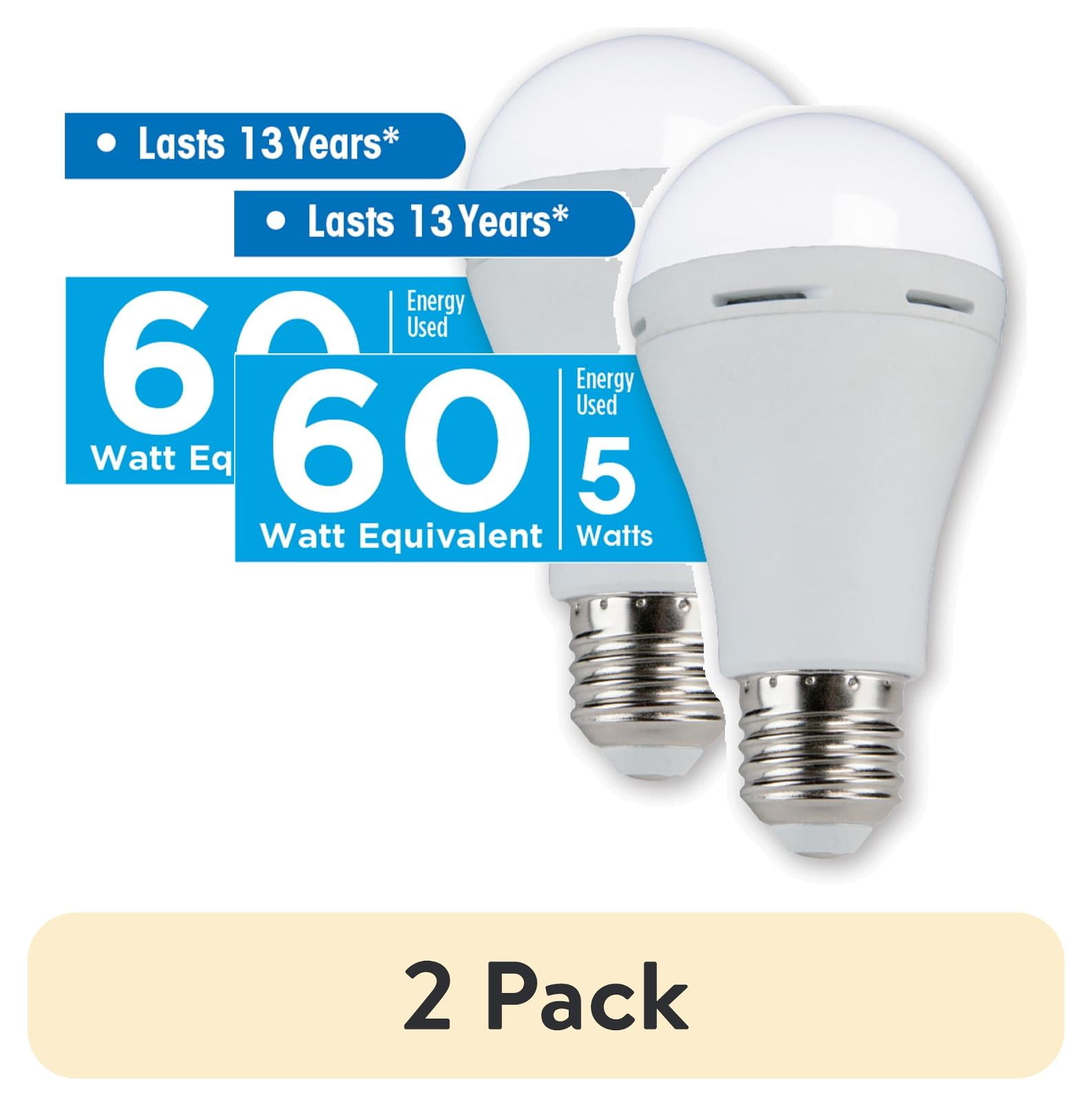 (2 pack) Great Value LED Light Bulb, 9 Watts (60W Equivalent) A19 Battery Backup Lamp E26 Medium Base, Non-Dimmable, Daylight, 1-Pack