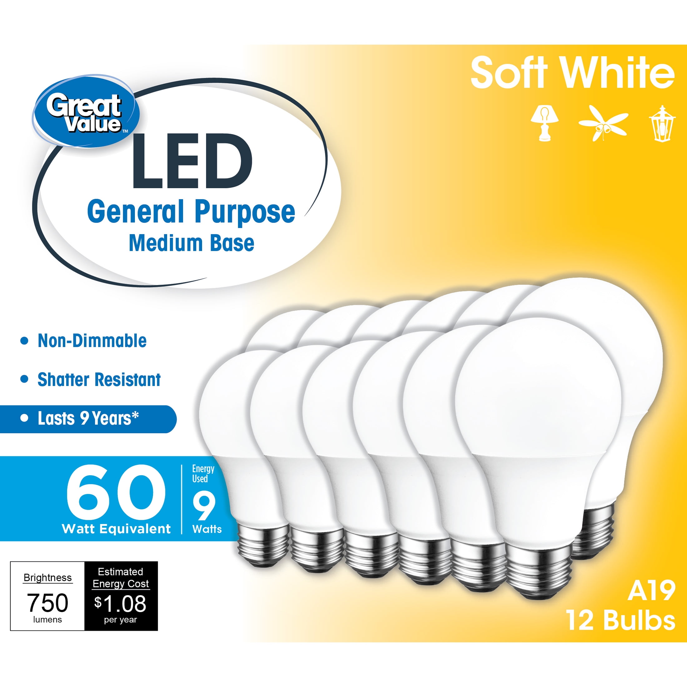 Great Value LED Light Bulb 9 Watts 60W Equivalent A19 General