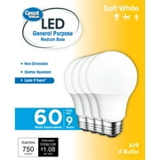 Great Value LED Light Bulb, 9 Watts (60W Equivalent) A19 General Purpose Lamp E26 Medium Base, Non-dimmable, Soft White, 9yr, 4PK