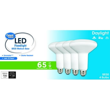 Great Value LED Light Bulb, 9 Watts (65W Equivalent) BR30 Floodlight Lamp E26 Medium Base, Dimmable, Daylight, 4-Pack