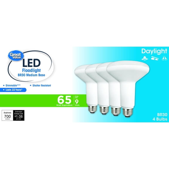Great Value LED Light Bulb, 9W (65W Equivalent) BR30 Floodlight Lamp E26 Medium Base, Dimmable, Daylight, 4-Pack
